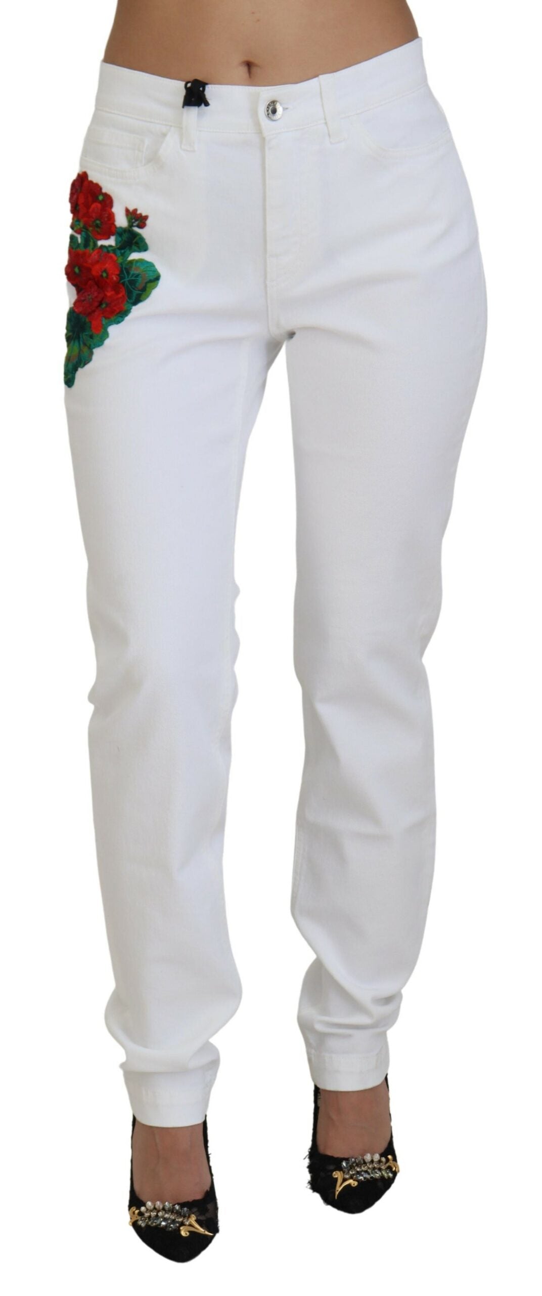 Dolce & Gabbana White Floral Embroidery Skinny Denim Jeans - Whispers Of Wisdom Clothing
