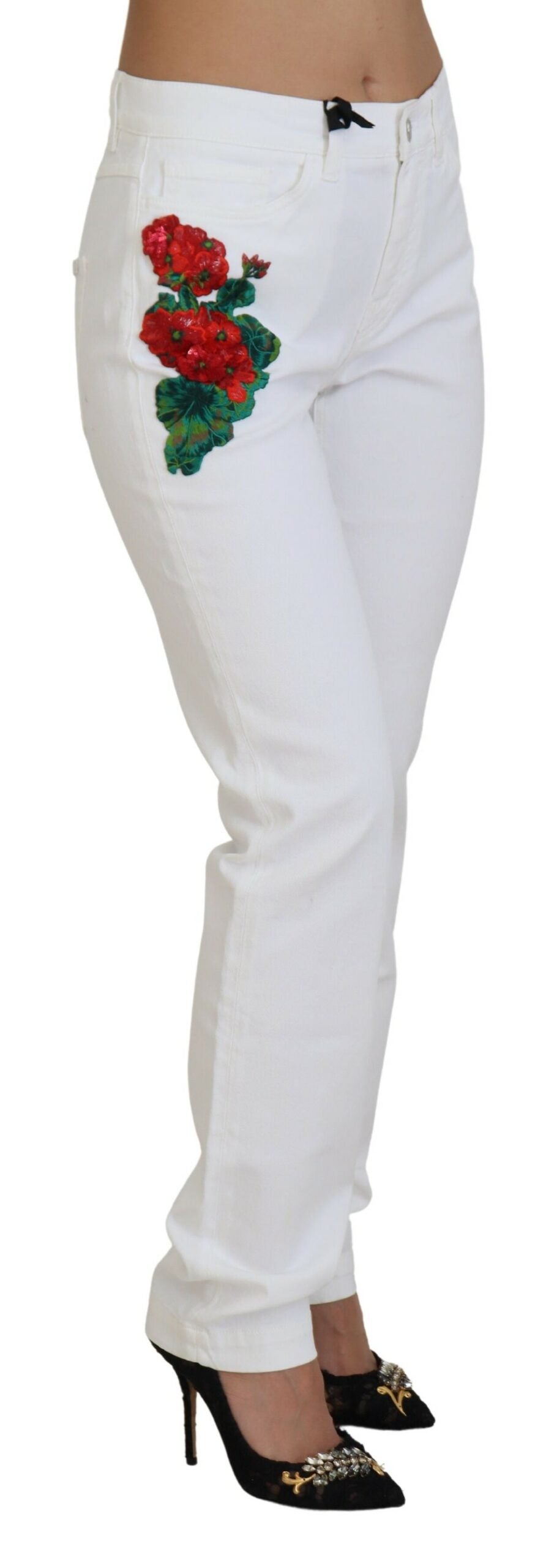 Dolce & Gabbana White Floral Embroidery Skinny Denim Jeans - Whispers Of Wisdom Clothing