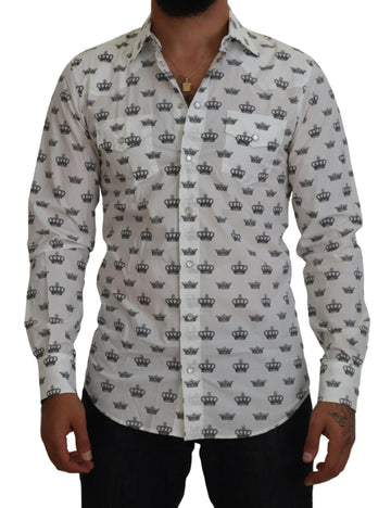 Dolce & Gabbana White Crown Print Slim Fit Cotton Shirt