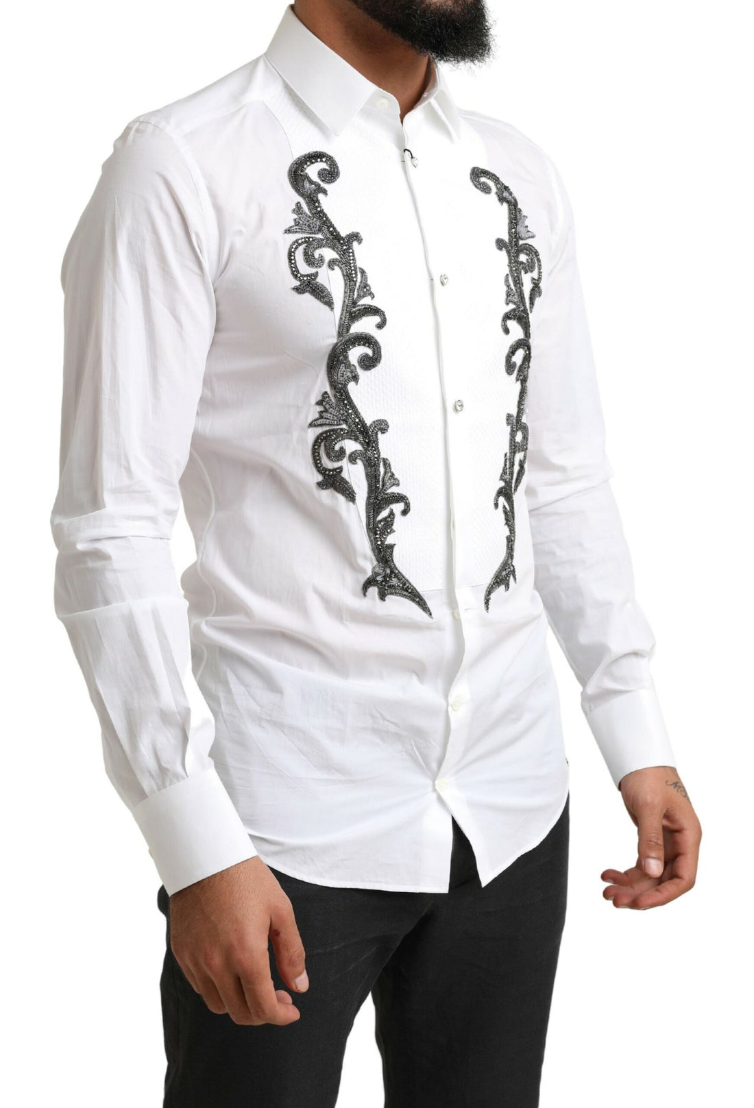Dolce & Gabbana White Tuxedo Slim Fit Baroque Shirt - Whispers Of Wisdom Clothing