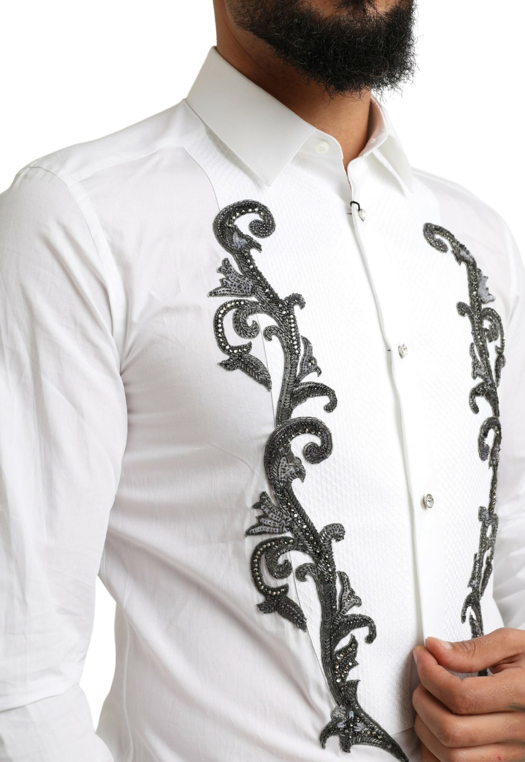 Dolce & Gabbana White Tuxedo Slim Fit Baroque Shirt - Whispers Of Wisdom Clothing