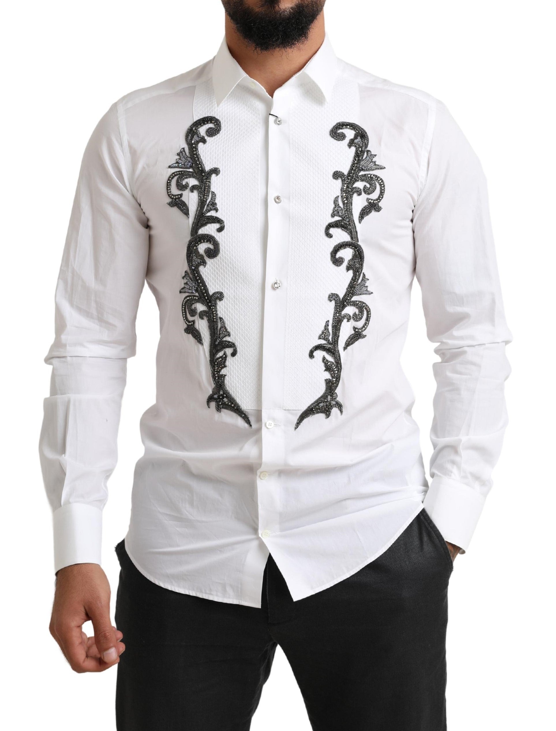 Dolce & Gabbana White Tuxedo Slim Fit Baroque Shirt - Whispers Of Wisdom Clothing