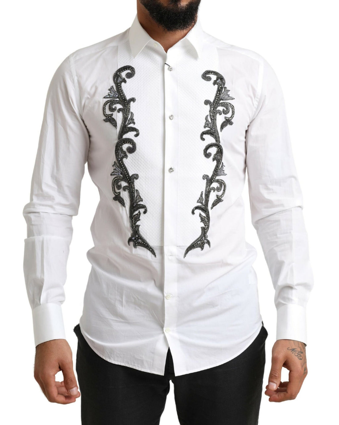 Dolce & Gabbana White Tuxedo Slim Fit Baroque Shirt - Whispers Of Wisdom Clothing