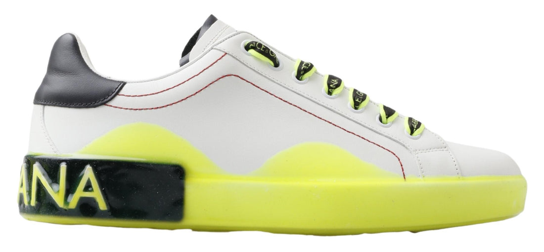 Dolce & Gabbana White Yellow Portofino Leather Sneakers Shoes - Whispers Of Wisdom Clothing