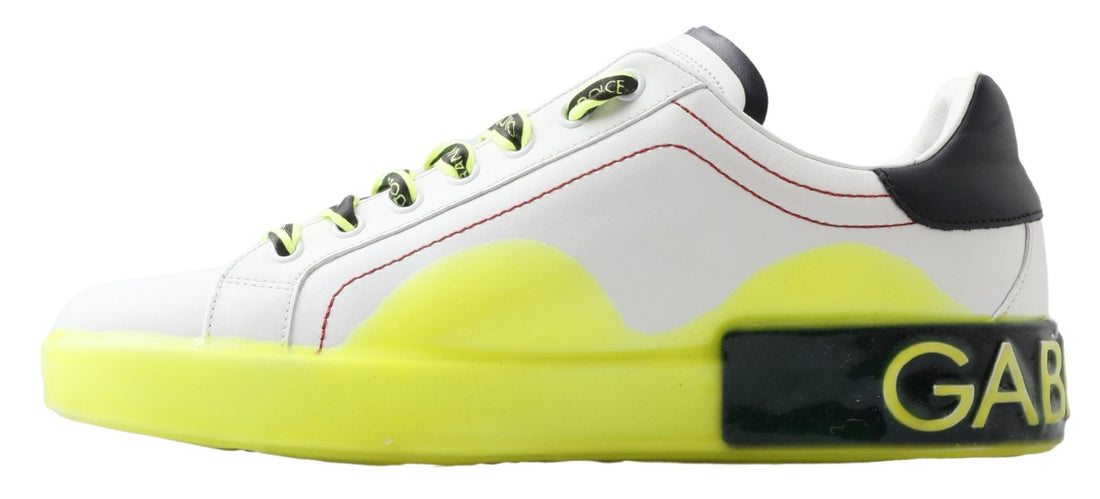 Dolce & Gabbana White Yellow Portofino Leather Sneakers Shoes - Whispers Of Wisdom Clothing