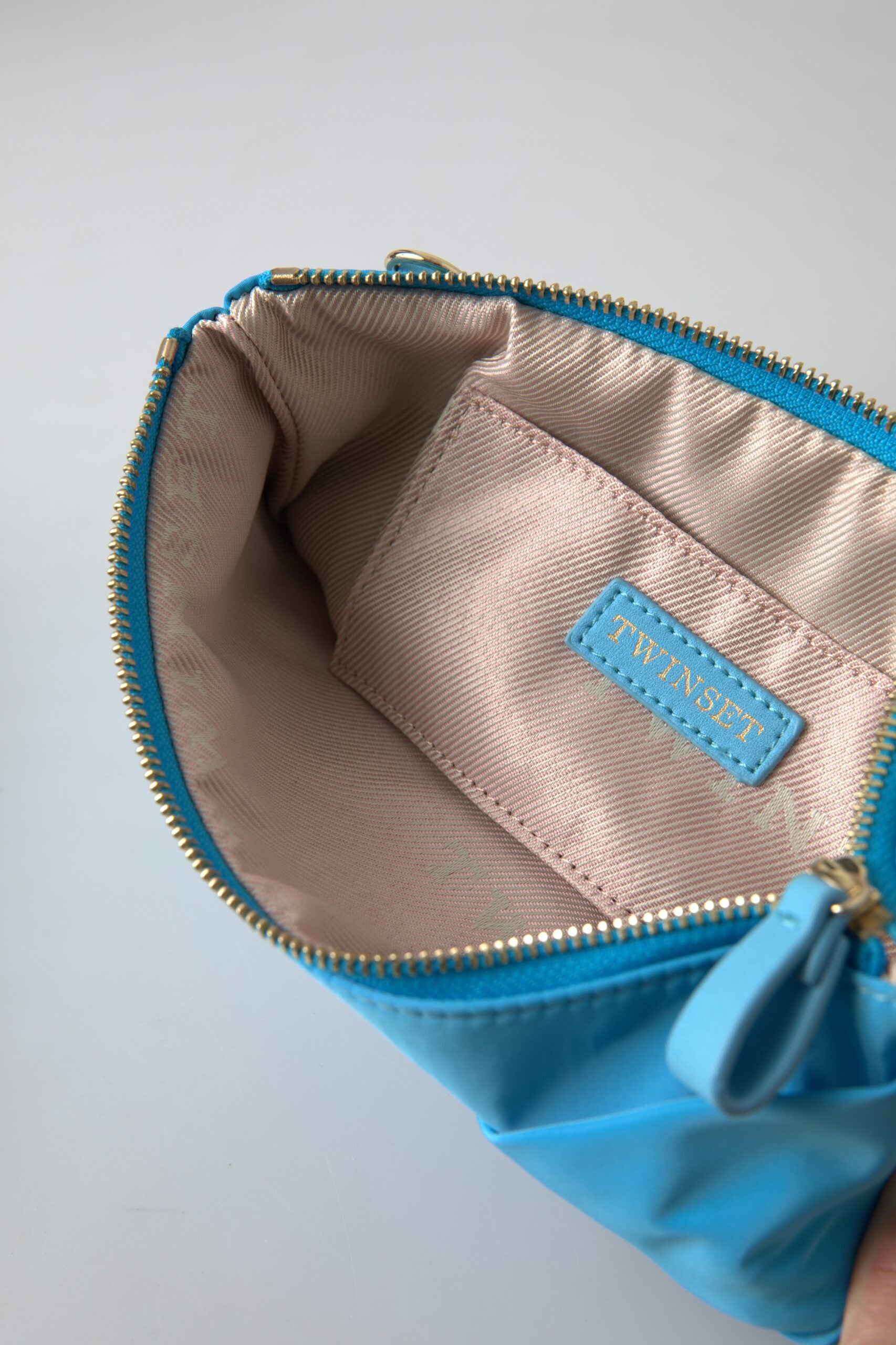 Twinset Blue Tafta Silk Large Bow Zipper Clutch Women Borse Logo Bag