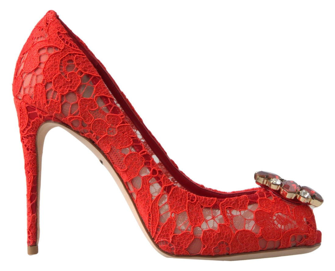 Dolce & Gabbana Red Taormina Lace Crystal Heels Pumps Shoes - Whispers Of Wisdom Clothing