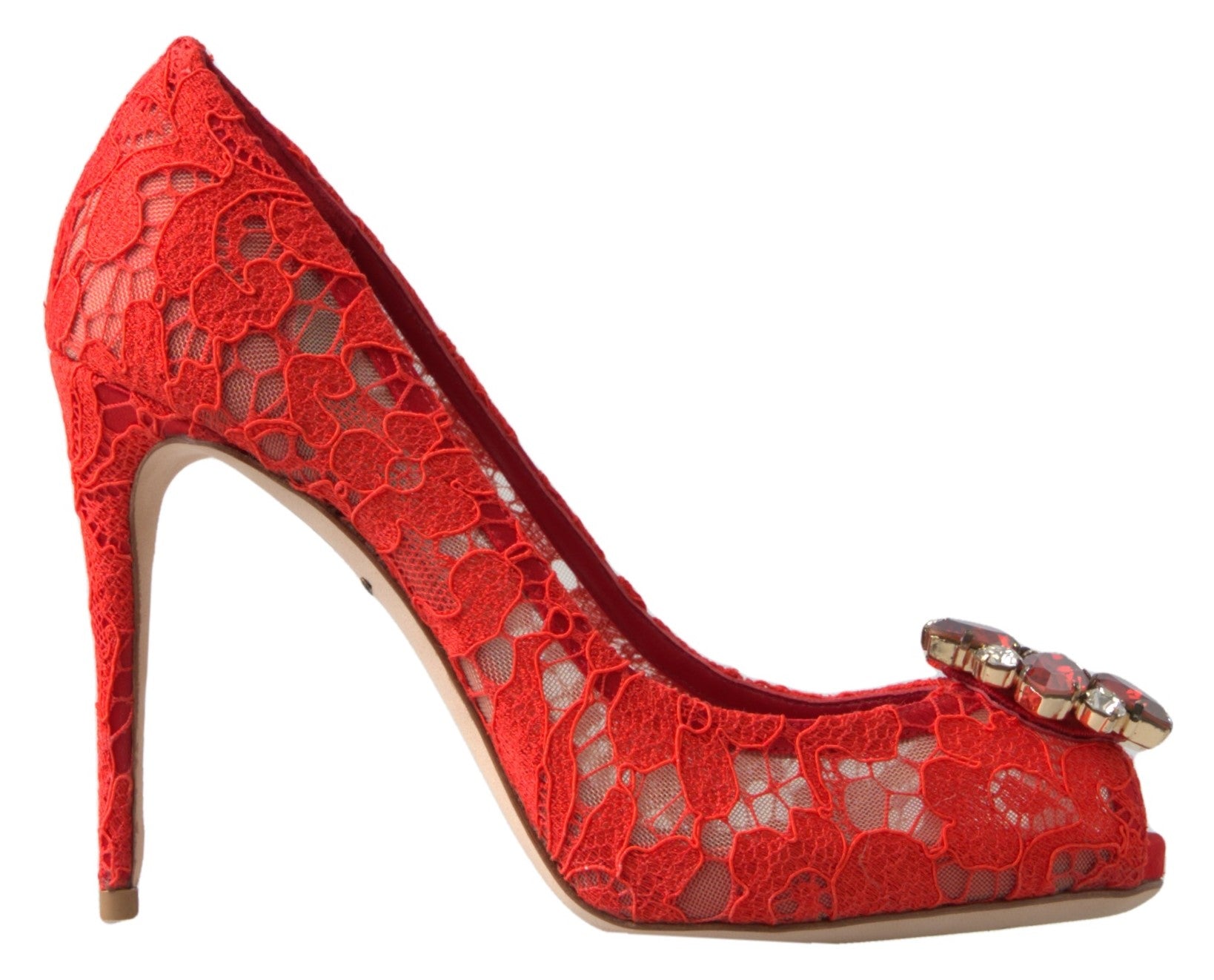 Dolce & Gabbana Red Taormina Lace Crystal Heels Pumps Shoes - Whispers Of Wisdom Clothing