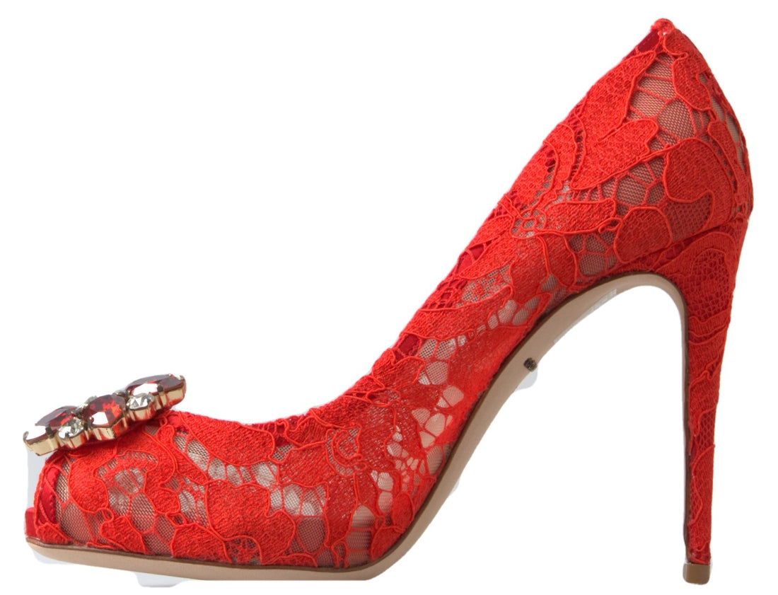 Dolce & Gabbana Red Taormina Lace Crystal Heels Pumps Shoes - Whispers Of Wisdom Clothing
