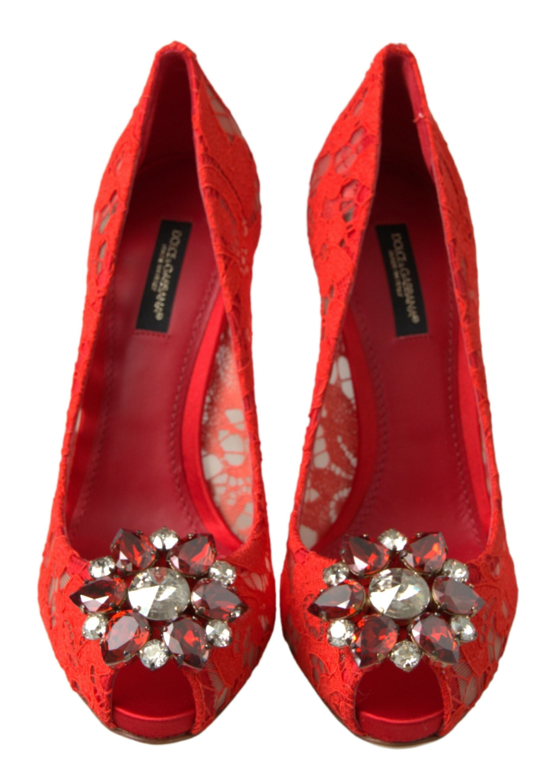 Dolce & Gabbana Red Taormina Lace Crystal Heels Pumps Shoes - Whispers Of Wisdom Clothing