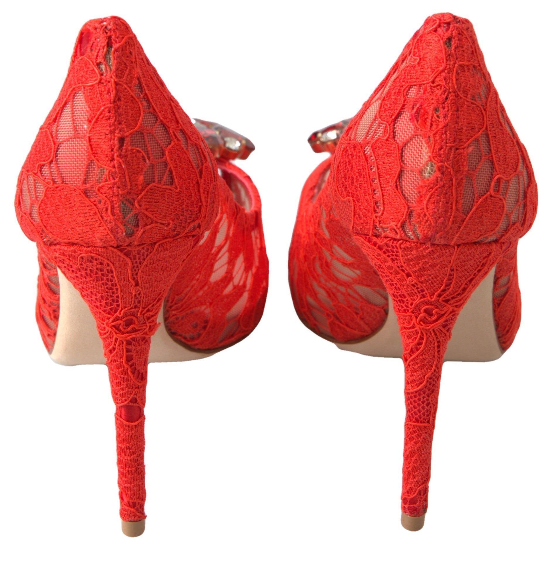 Dolce & Gabbana Red Taormina Lace Crystal Heels Pumps Shoes - Whispers Of Wisdom Clothing