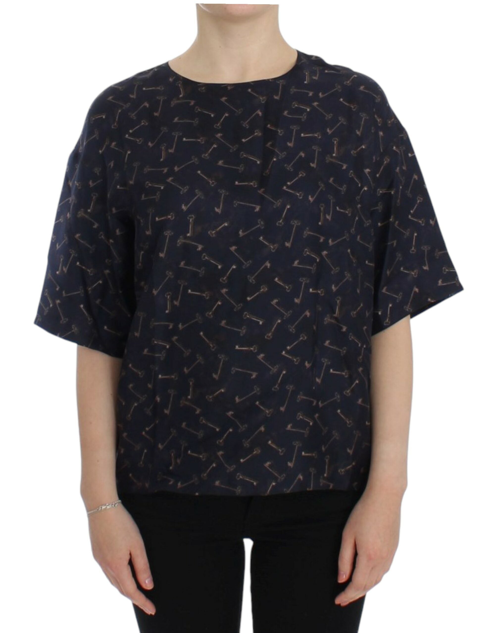 Dolce & Gabbana Blue gold key print silk blouse - Whispers Of Wisdom Clothing