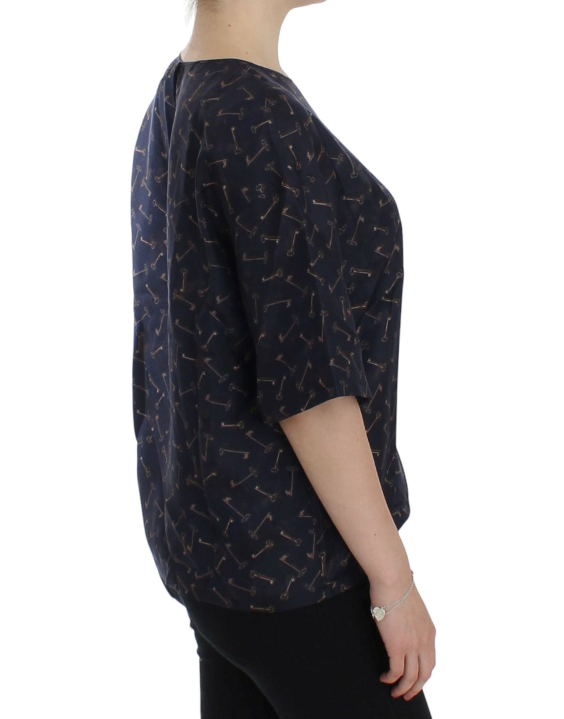 Dolce & Gabbana Blue gold key print silk blouse - Whispers Of Wisdom Clothing