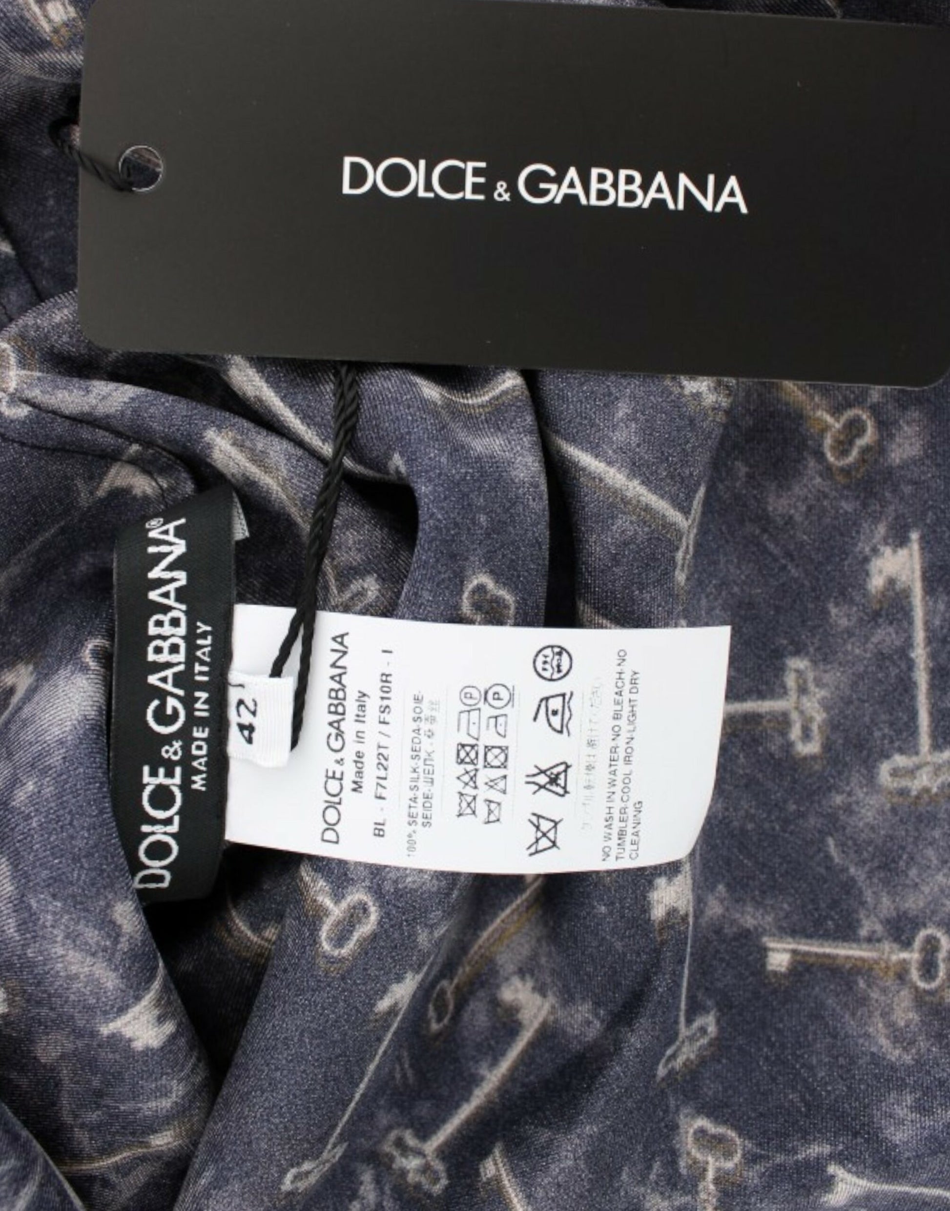 Dolce & Gabbana Blue gold key print silk blouse - Whispers Of Wisdom Clothing