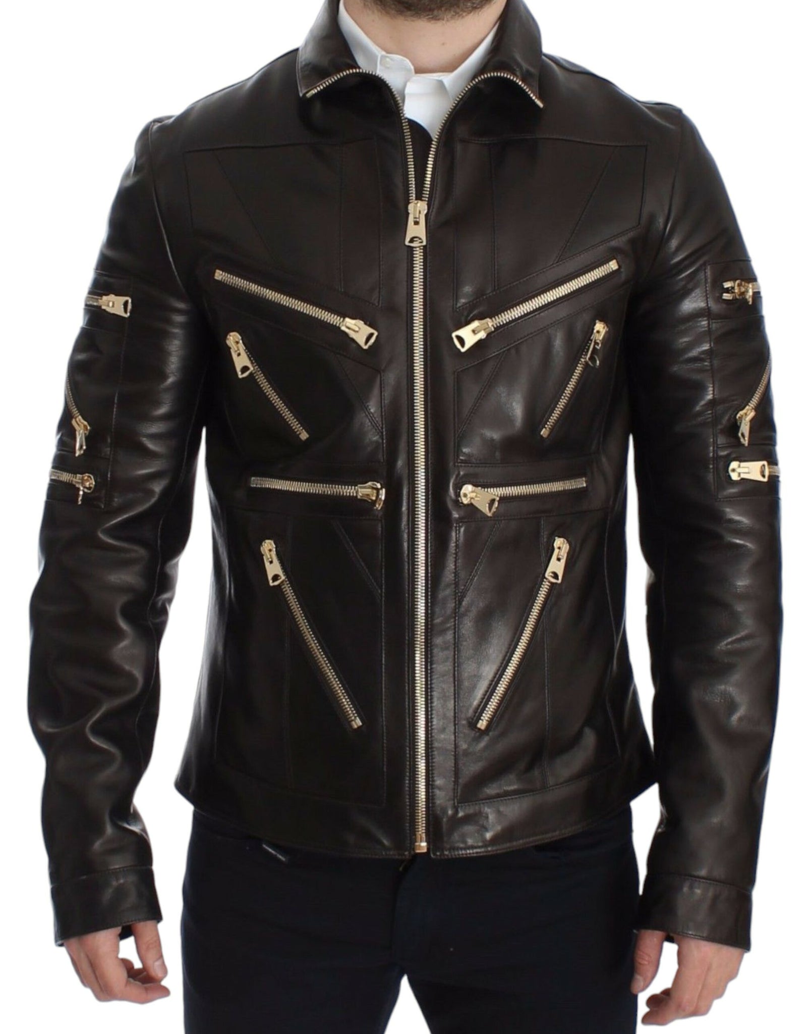 Dolce & Gabbana Brown Lambskin Leather Zipper Jacket - Whispers Of Wisdom Clothing