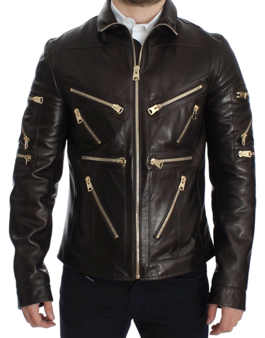 Dolce & Gabbana Brown Lambskin Leather Zipper Jacket - Whispers Of Wisdom Clothing