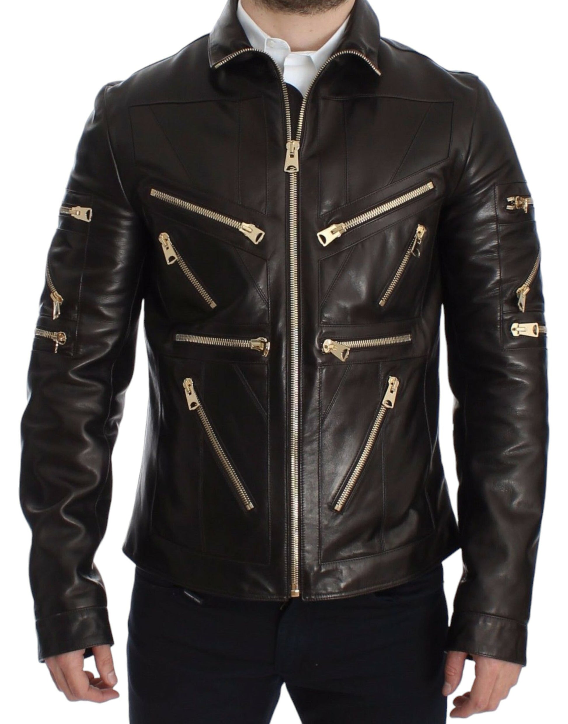 Dolce & Gabbana Brown Lambskin Leather Zipper Jacket - Whispers Of Wisdom Clothing