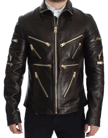 Dolce & Gabbana Brown Lambskin Leather Zipper Jacket - Whispers Of Wisdom Clothing