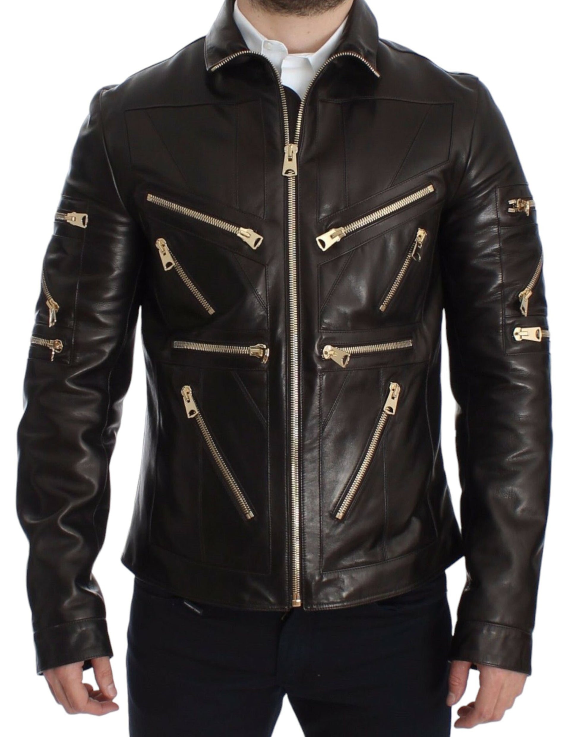 Dolce & Gabbana Brown Lambskin Leather Zipper Jacket - Whispers Of Wisdom Clothing