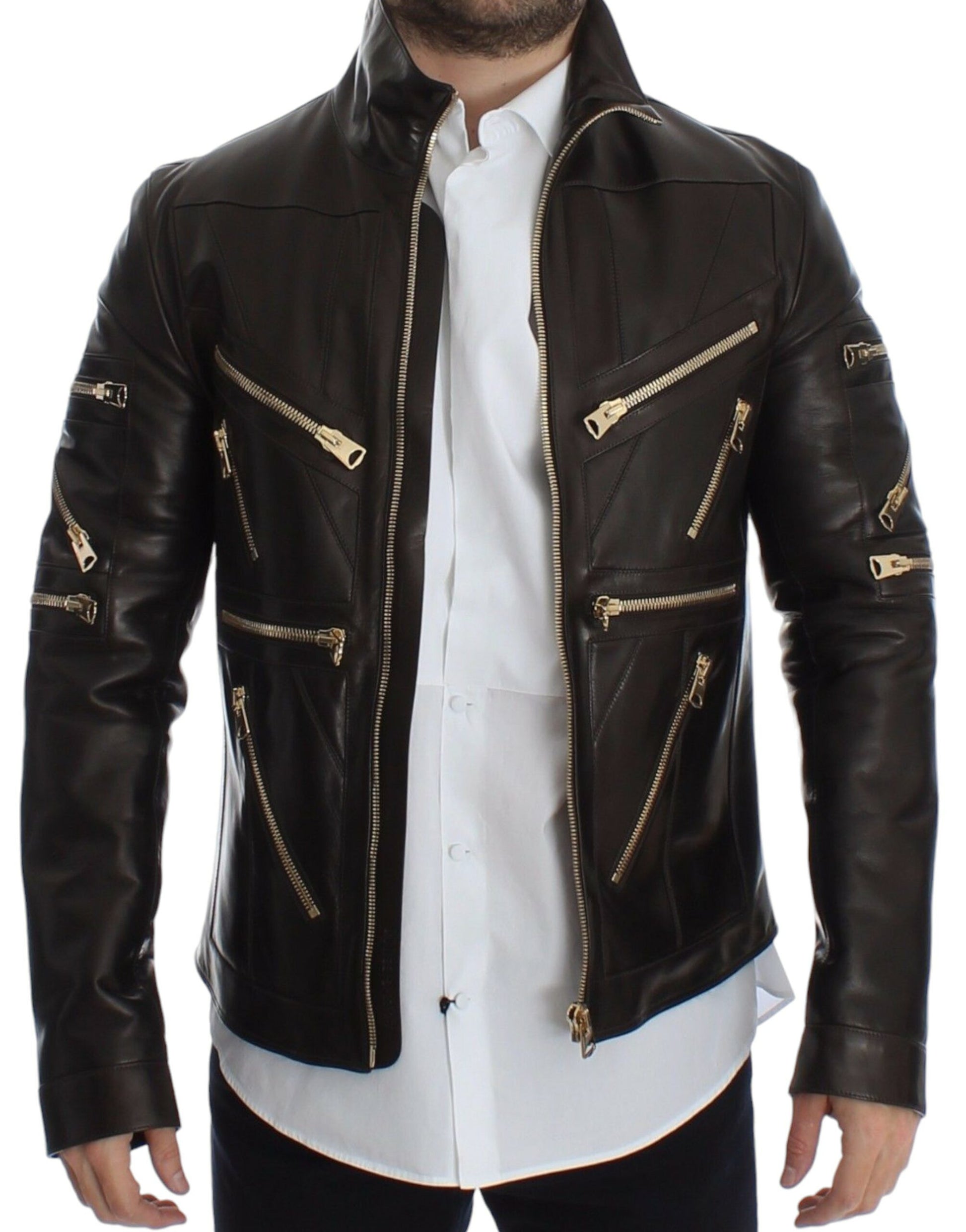 Dolce & Gabbana Brown Lambskin Leather Zipper Jacket - Whispers Of Wisdom Clothing