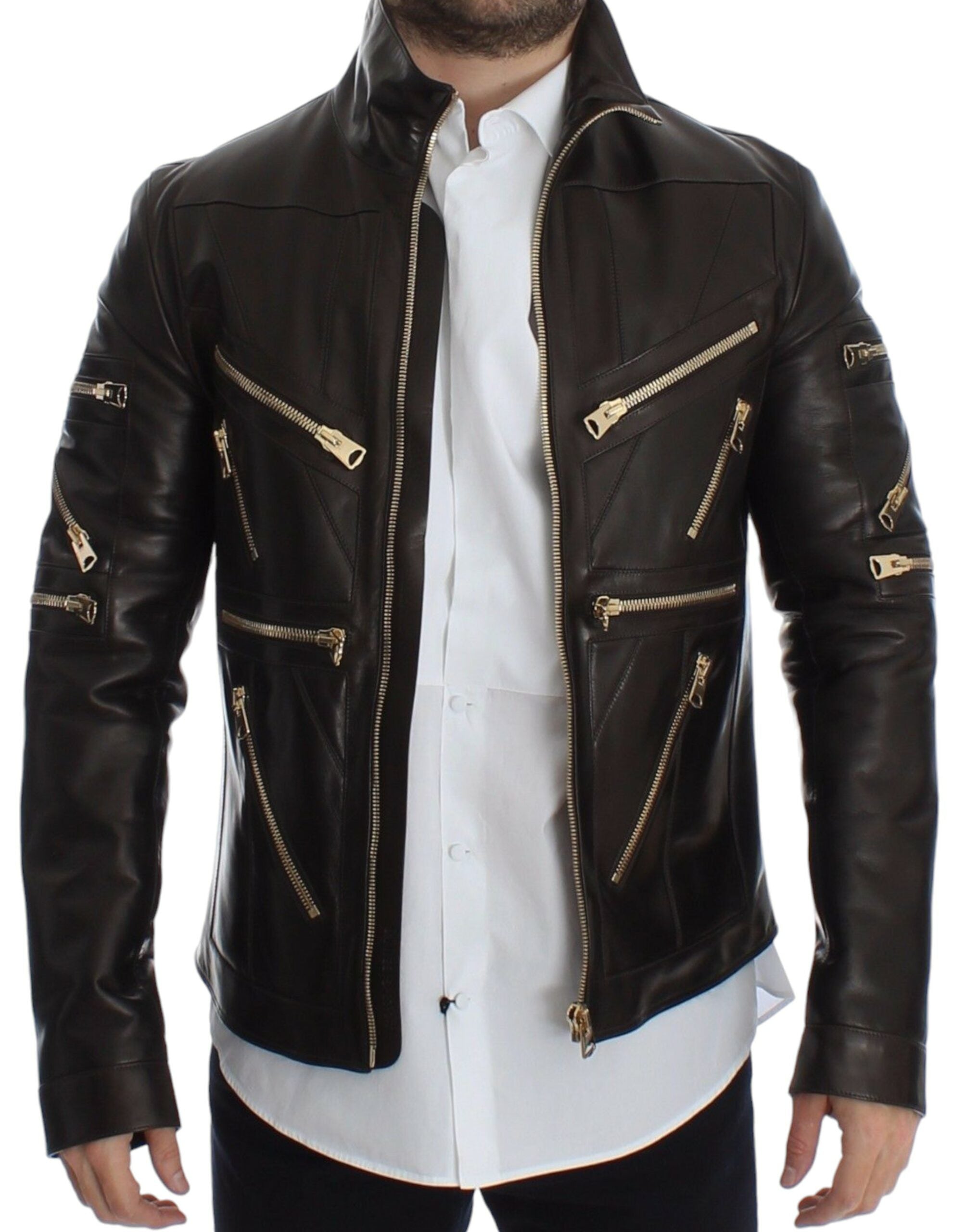 Dolce & Gabbana Brown Lambskin Leather Zipper Jacket - Whispers Of Wisdom Clothing