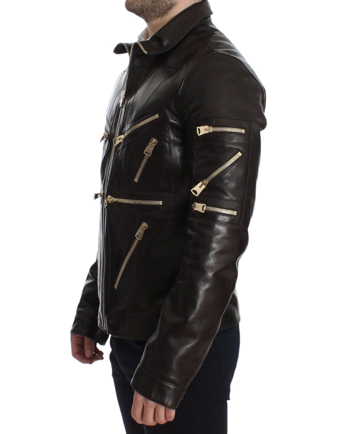 Dolce & Gabbana Brown Lambskin Leather Zipper Jacket - Whispers Of Wisdom Clothing