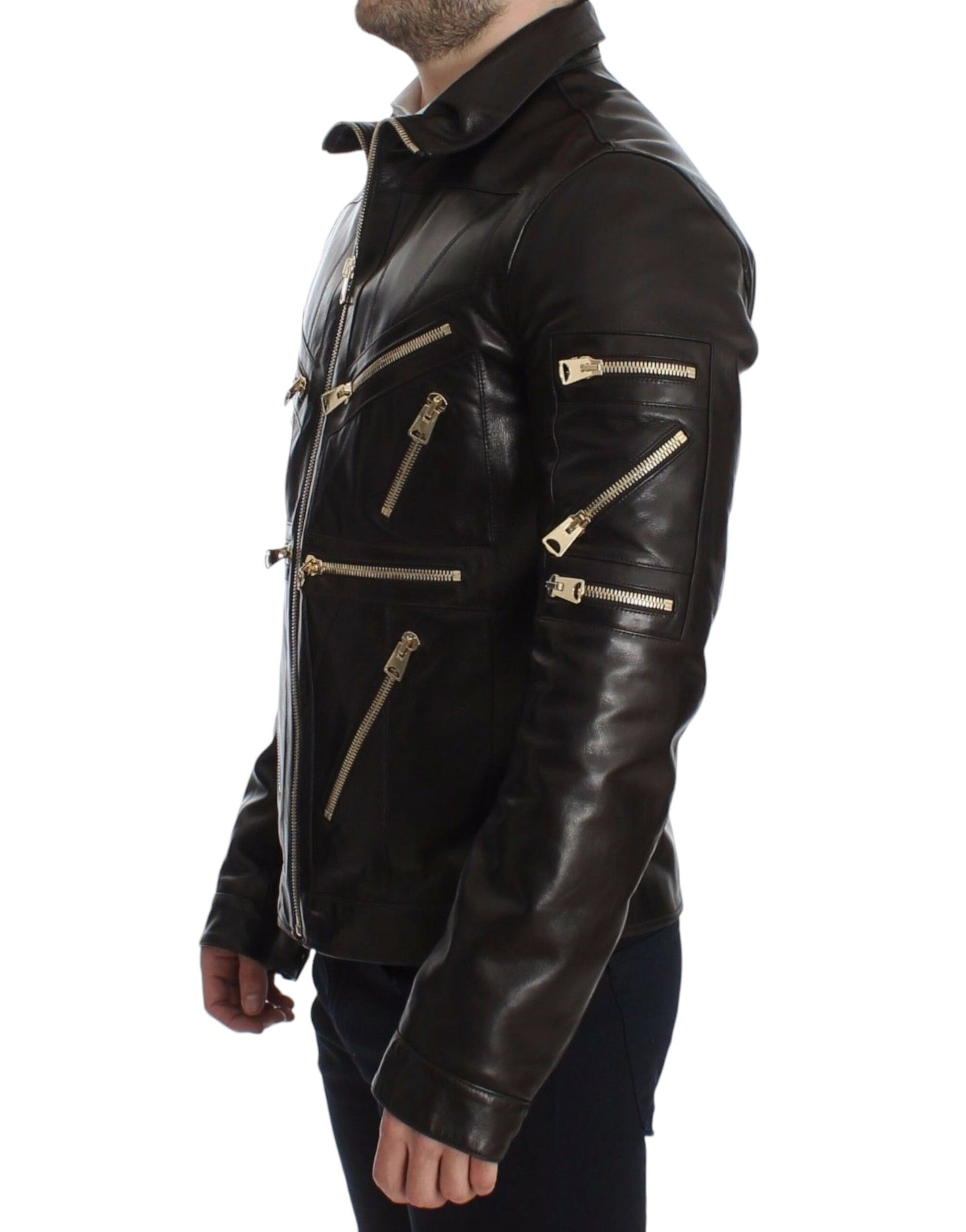Dolce & Gabbana Brown Lambskin Leather Zipper Jacket - Whispers Of Wisdom Clothing