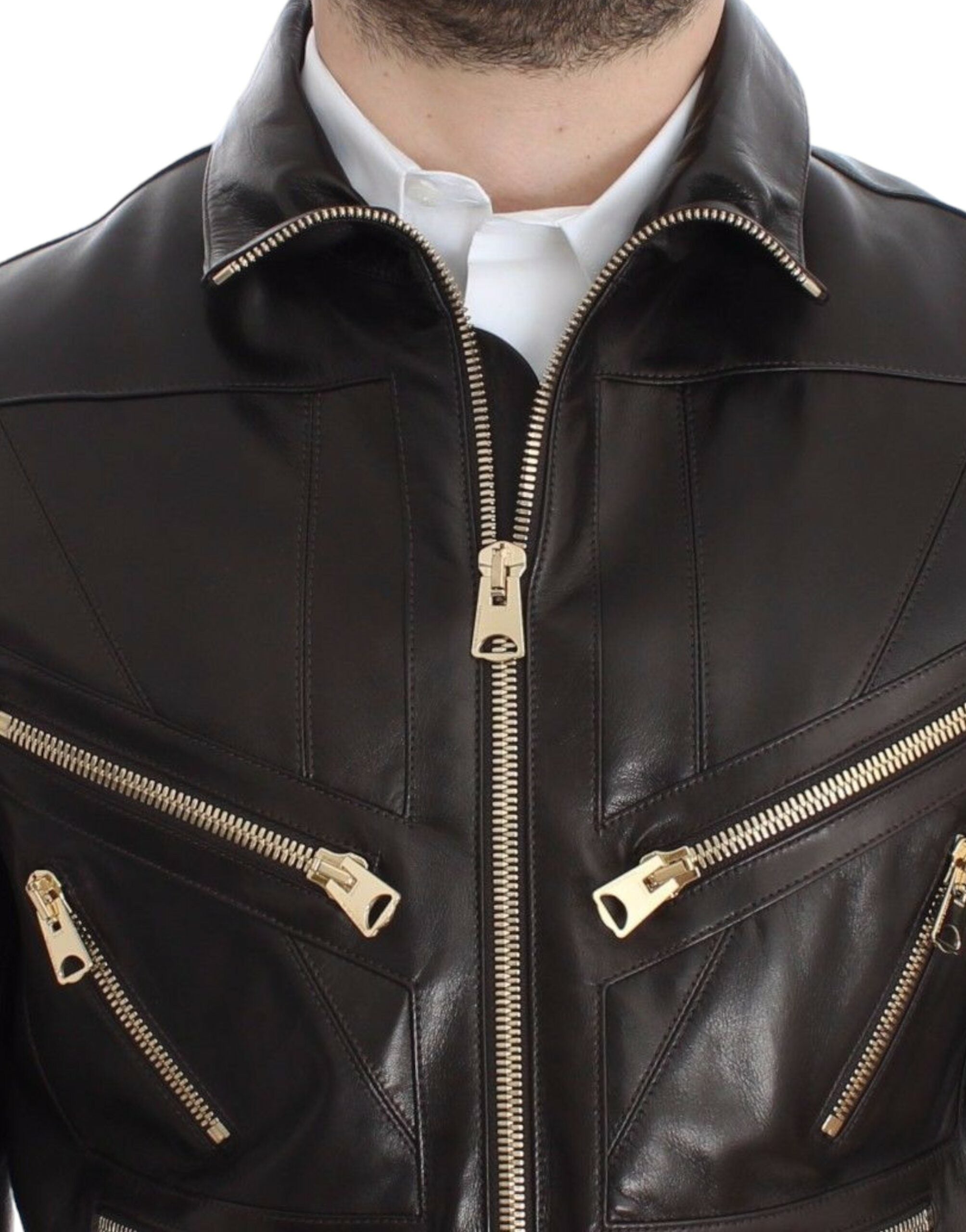 Dolce & Gabbana Brown Lambskin Leather Zipper Jacket - Whispers Of Wisdom Clothing