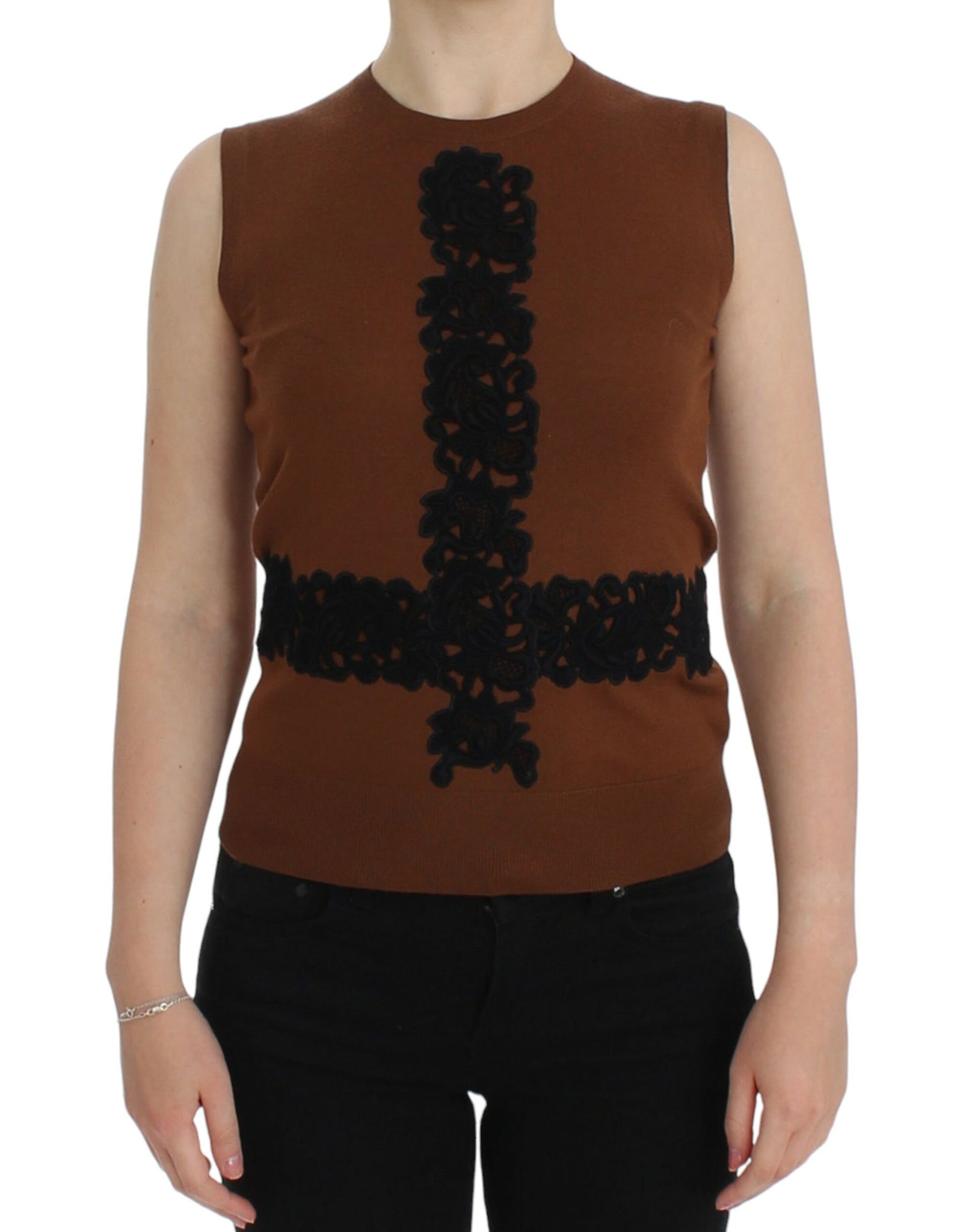 Dolce & Gabbana Brown Wool Black Lace Vest Sweater Top - Whispers Of Wisdom Clothing