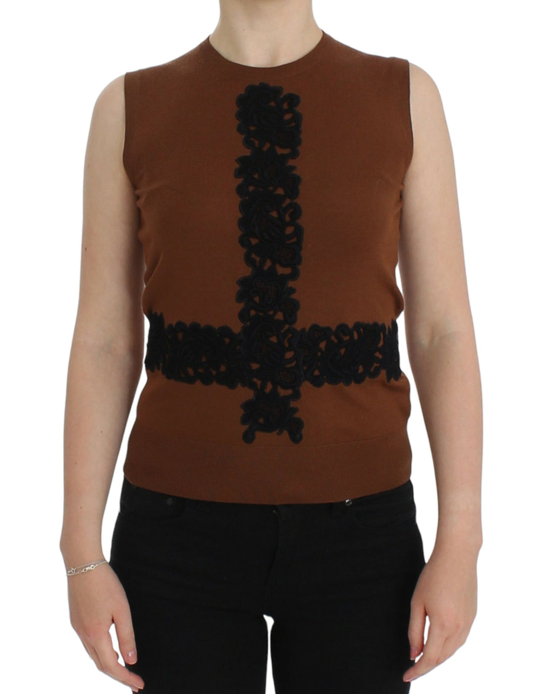 Dolce & Gabbana Brown Wool Black Lace Vest Sweater Top - Whispers Of Wisdom Clothing