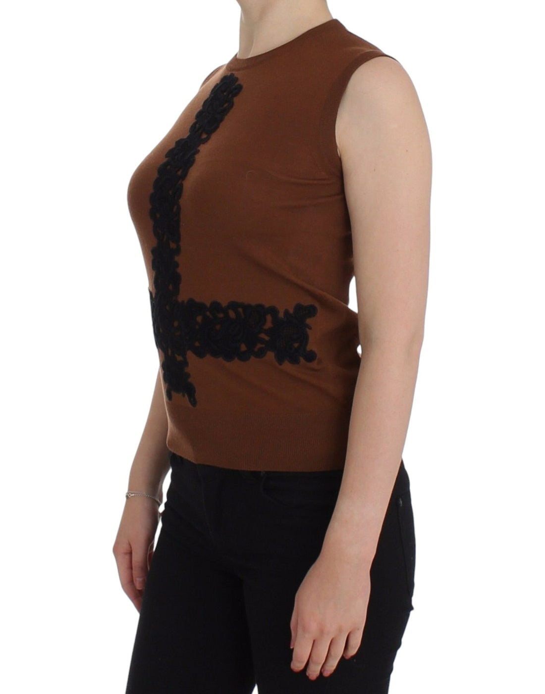 Dolce & Gabbana Brown Wool Black Lace Vest Sweater Top - Whispers Of Wisdom Clothing