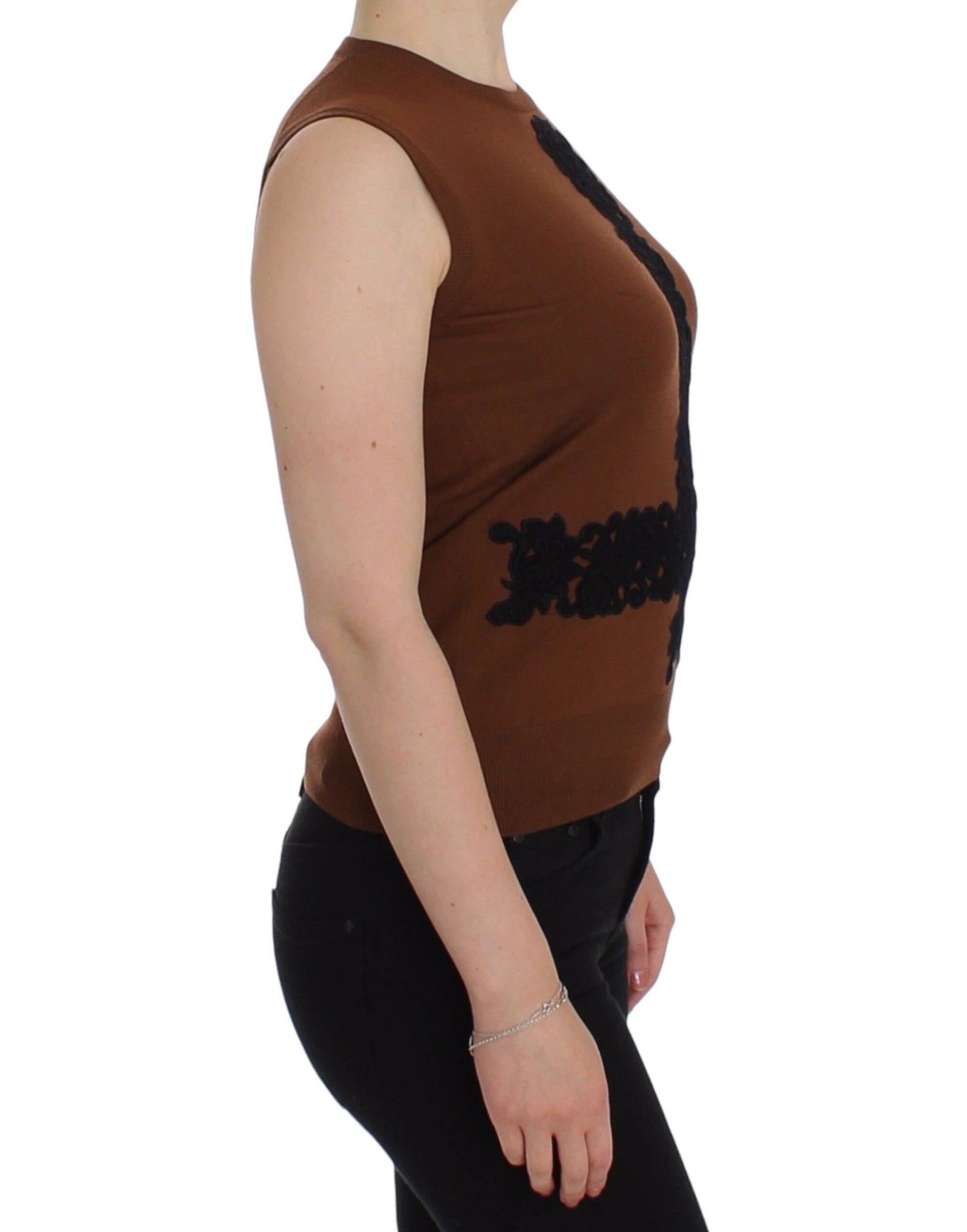 Dolce & Gabbana Brown Wool Black Lace Vest Sweater Top - Whispers Of Wisdom Clothing