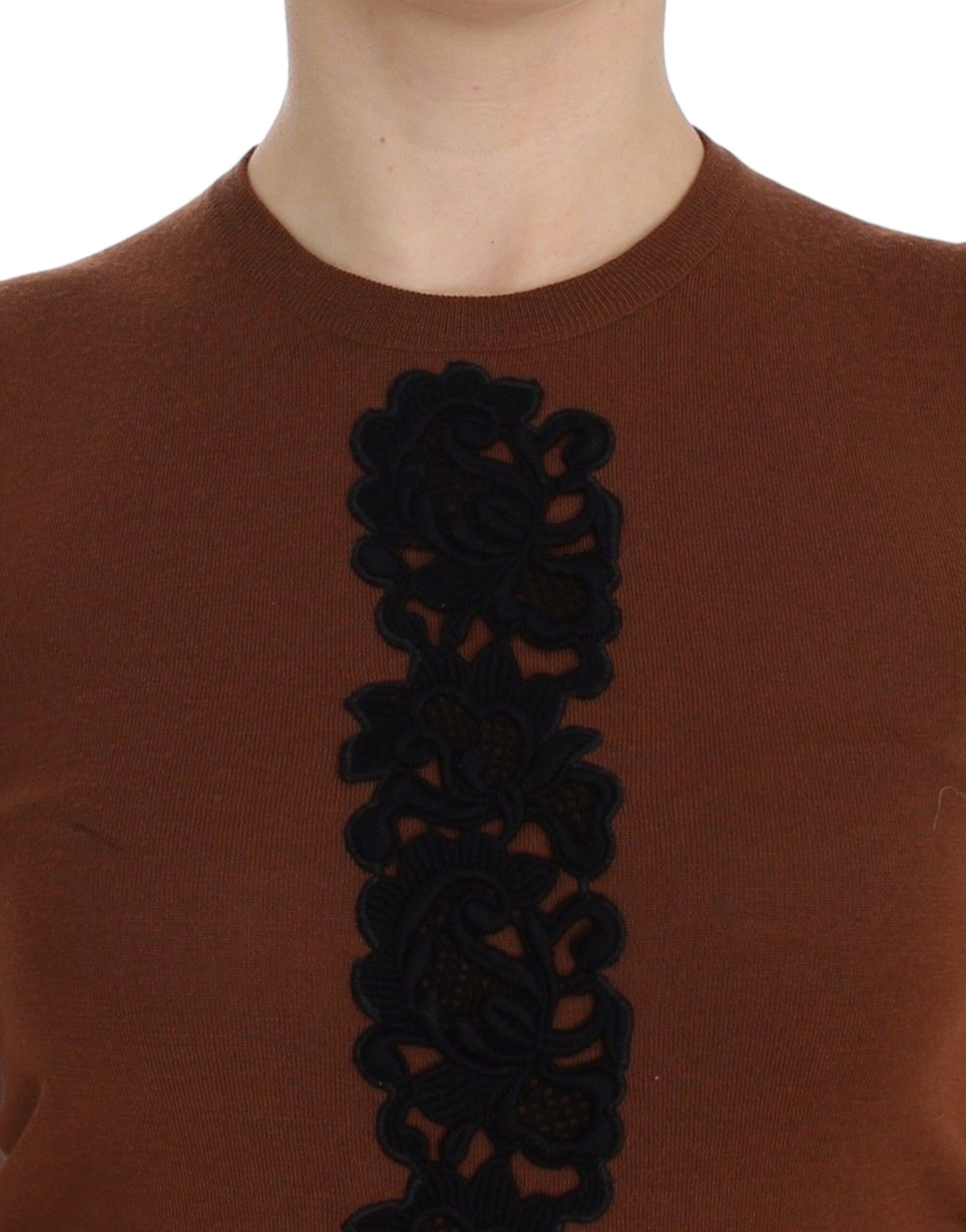 Dolce & Gabbana Brown Wool Black Lace Vest Sweater Top - Whispers Of Wisdom Clothing