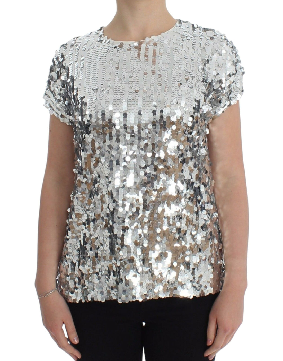 Dolce & Gabbana Silver Sequined Crewneck Blouse T-shirt Top - Whispers Of Wisdom Clothing