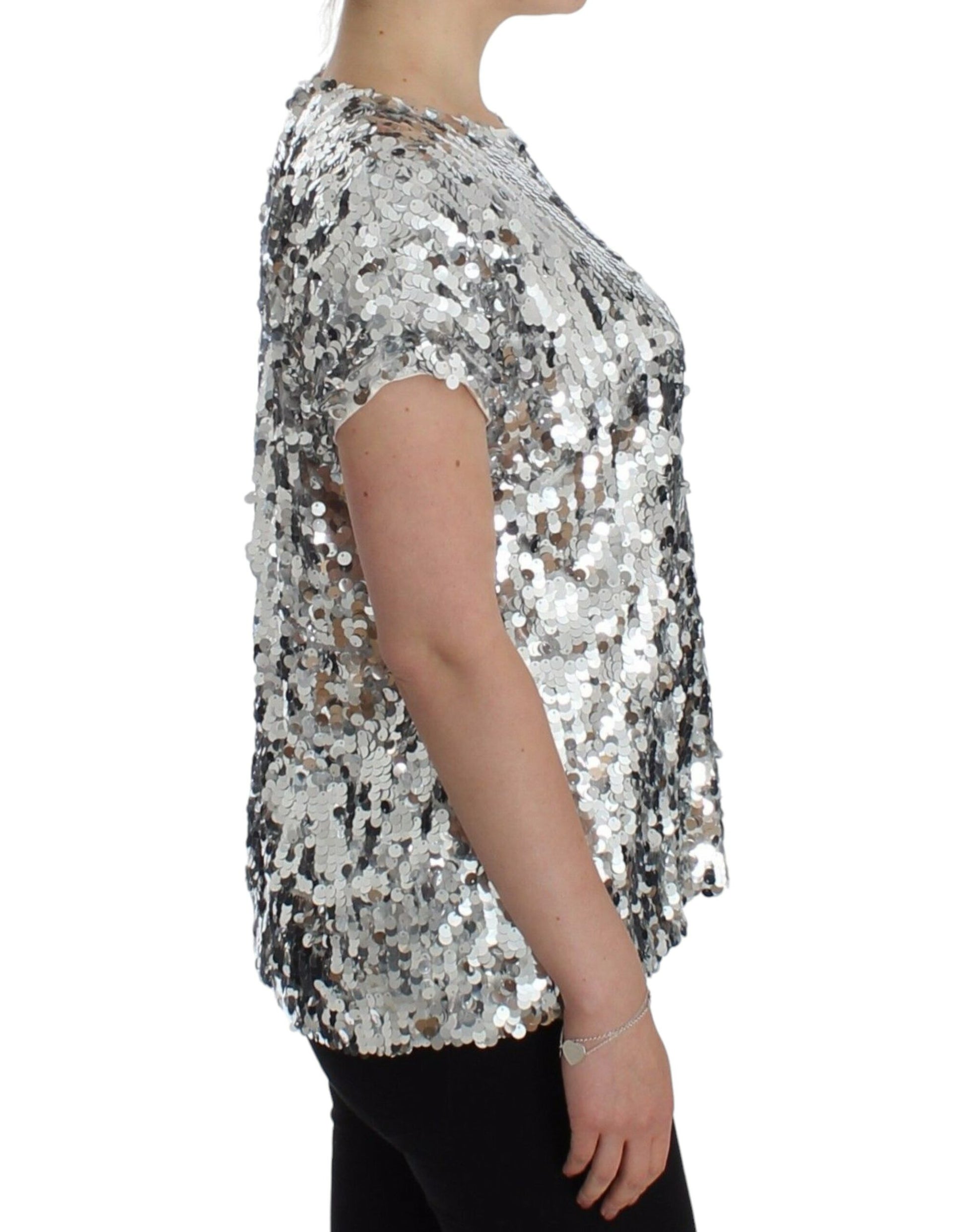 Dolce & Gabbana Silver Sequined Crewneck Blouse T-shirt Top - Whispers Of Wisdom Clothing