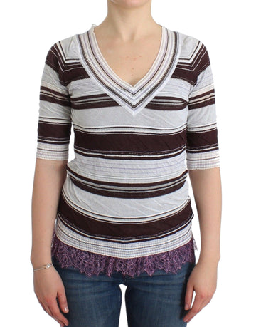 Ermanno Scervino Striped Lace V-Neck Short Sleeve Top Sweater