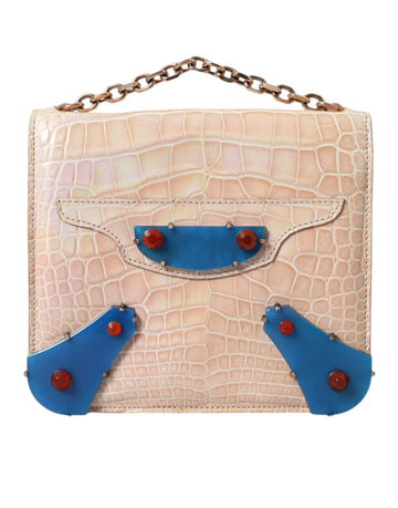 Balenciaga Beige Blue Agate Exotic Leather Gold Chain Purse Bag