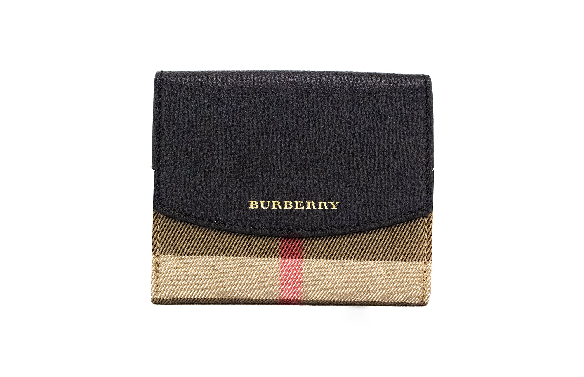 محفظة Burberry Luna المصنوعة من الجلد الأسود المحبب والمزخرفة بنقشة مربعات من القماش