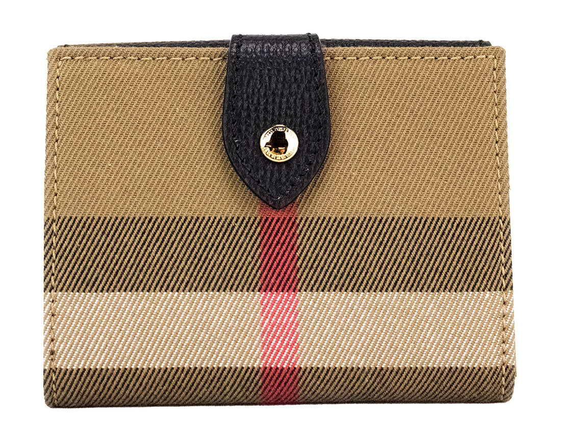 محفظة Burberry Luna المصنوعة من الجلد الأسود المحبب والمزخرفة بنقشة مربعات من القماش