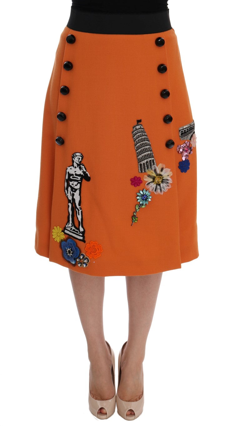 Dolce & Gabbana Orange Wool Crystal Sequin Appliques Skirt - Whispers Of Wisdom Clothing