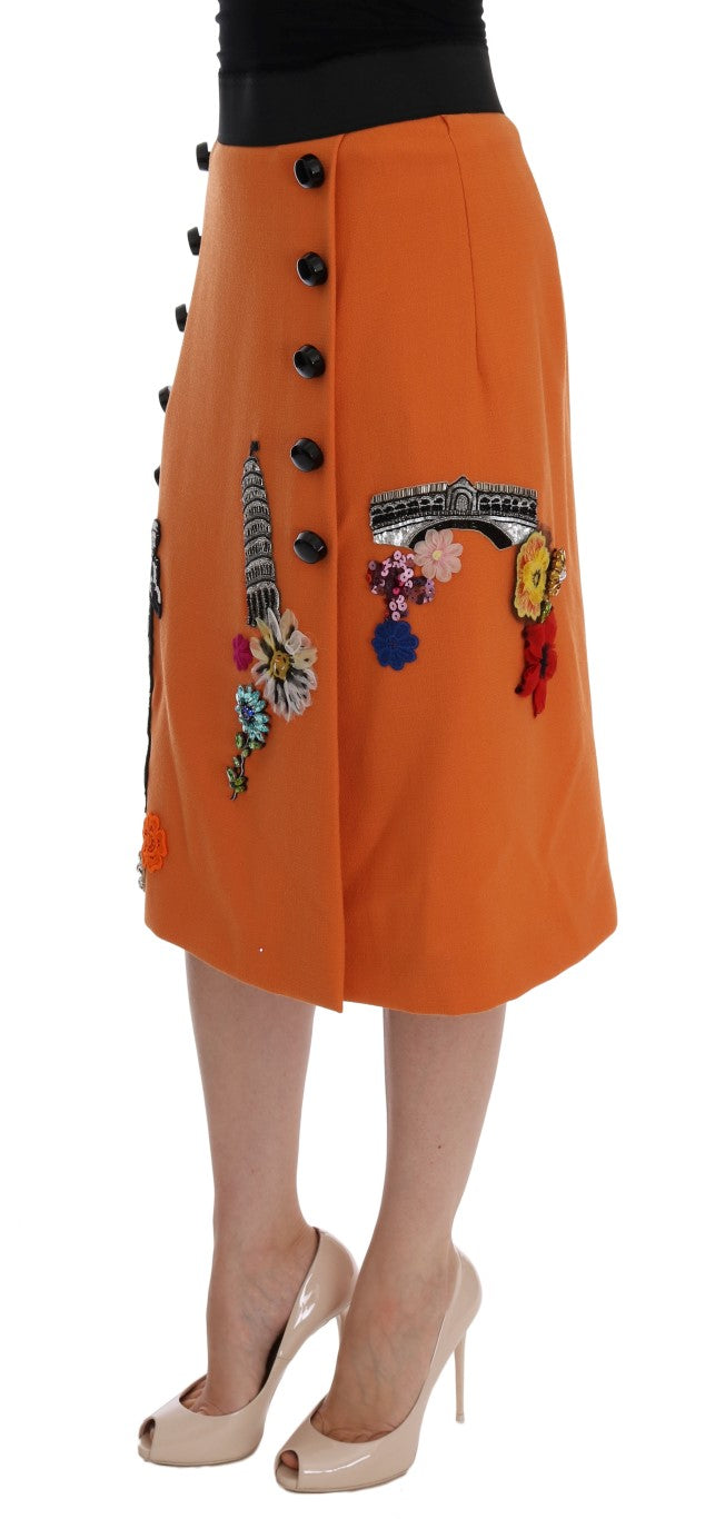 Dolce & Gabbana Orange Wool Crystal Sequin Appliques Skirt - Whispers Of Wisdom Clothing