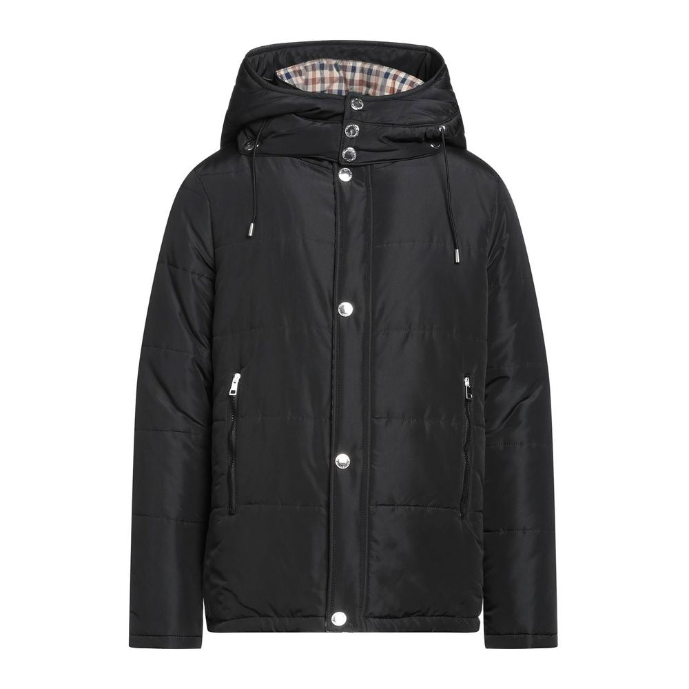 جاكيت Aquascutum الأسود الأنيق بغطاء رأس قابل للإزالة