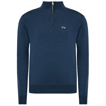 La Martina Blue Wool Men Sweater with Half Zip Closure