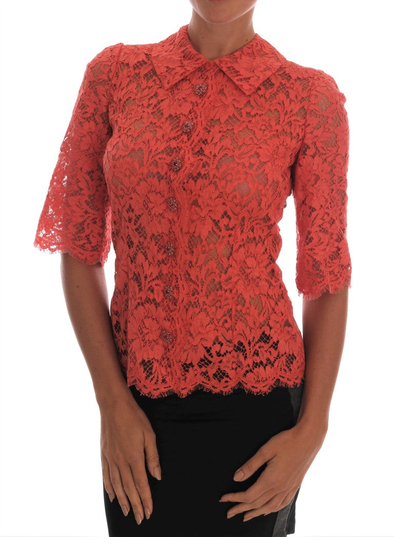 Dolce & Gabbana Orange Crystal Buttons Floral Lace Blouse - Whispers Of Wisdom Clothing