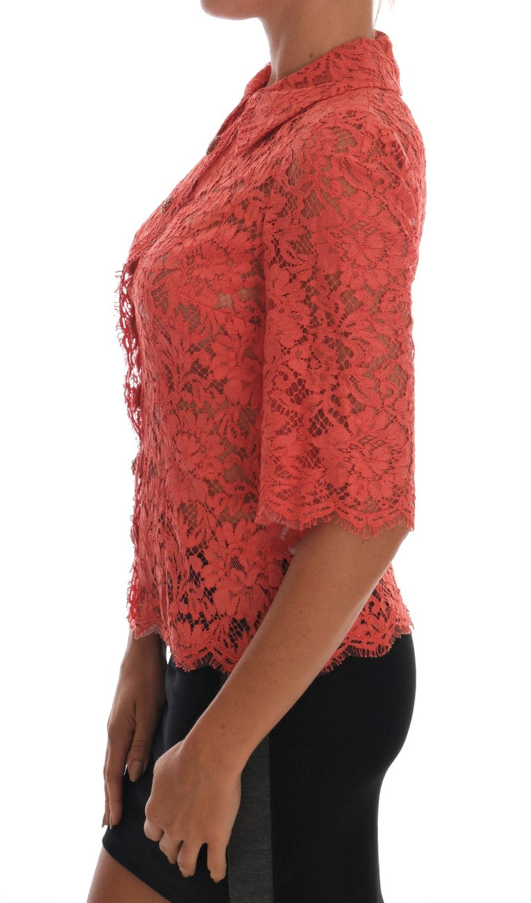 Dolce & Gabbana Orange Crystal Buttons Floral Lace Blouse - Whispers Of Wisdom Clothing