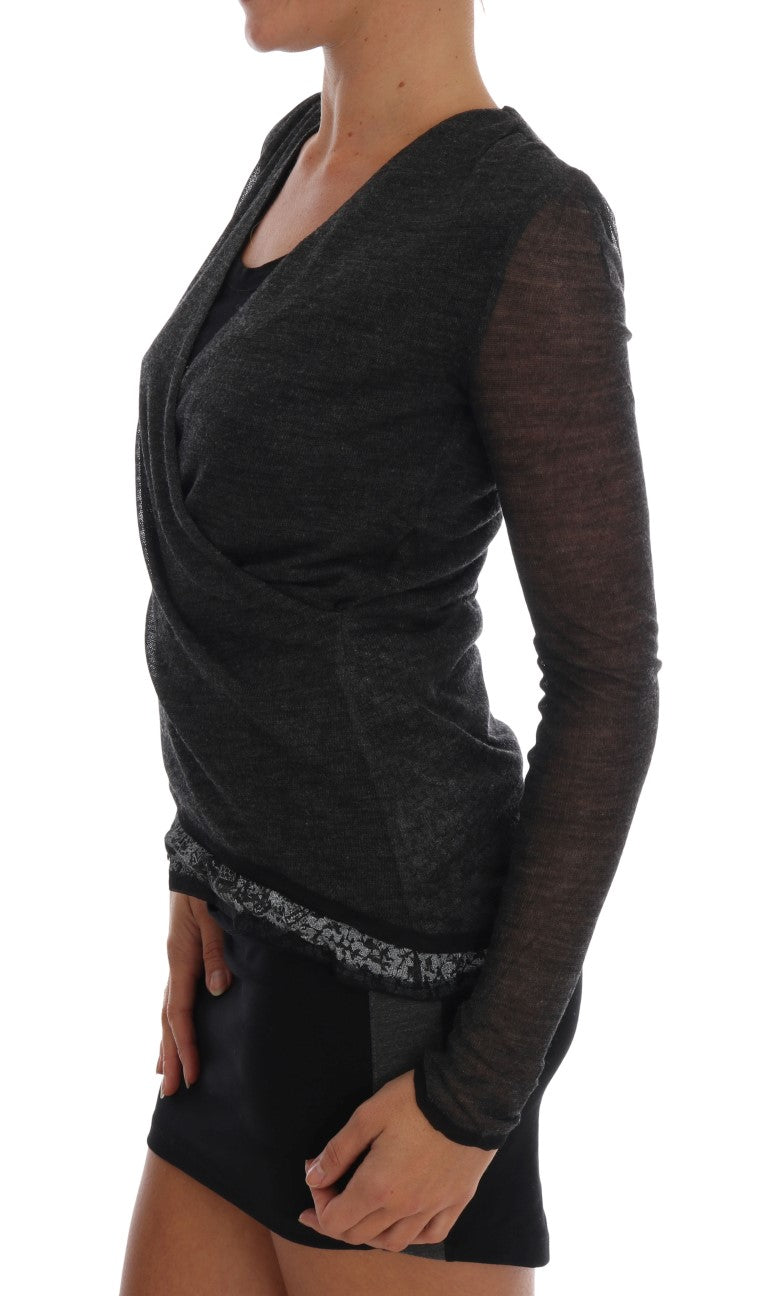 Ermanno Scervino Gray Wool Lace Top Long Sleeved T-shirt - Whispers Of Wisdom Clothing