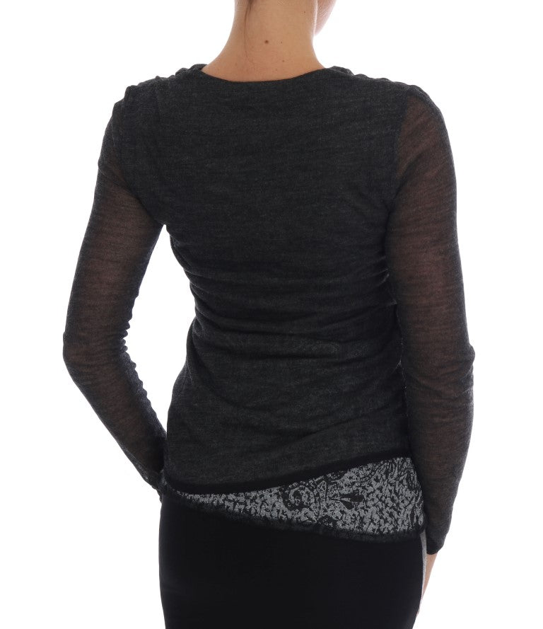 Ermanno Scervino Gray Wool Lace Top Long Sleeved T-shirt - Whispers Of Wisdom Clothing