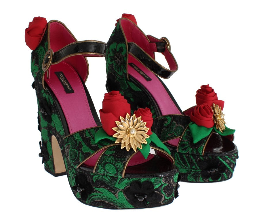 Dolce & Gabbana Green Brocade Snakeskin Roses Crystal Shoes - Whispers Of Wisdom Clothing