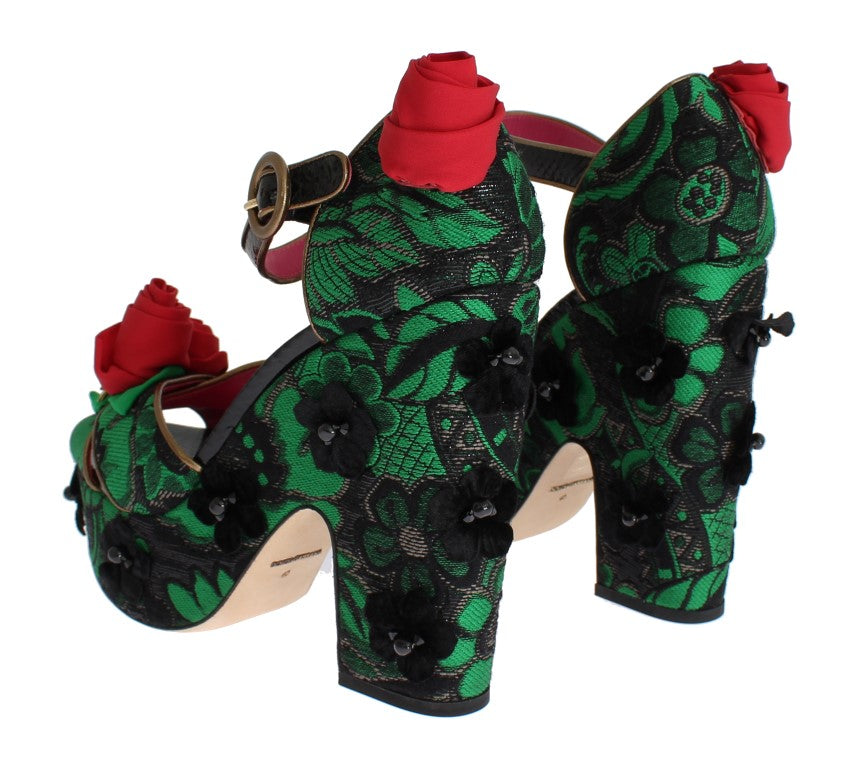 Dolce & Gabbana Green Brocade Snakeskin Roses Crystal Shoes - Whispers Of Wisdom Clothing