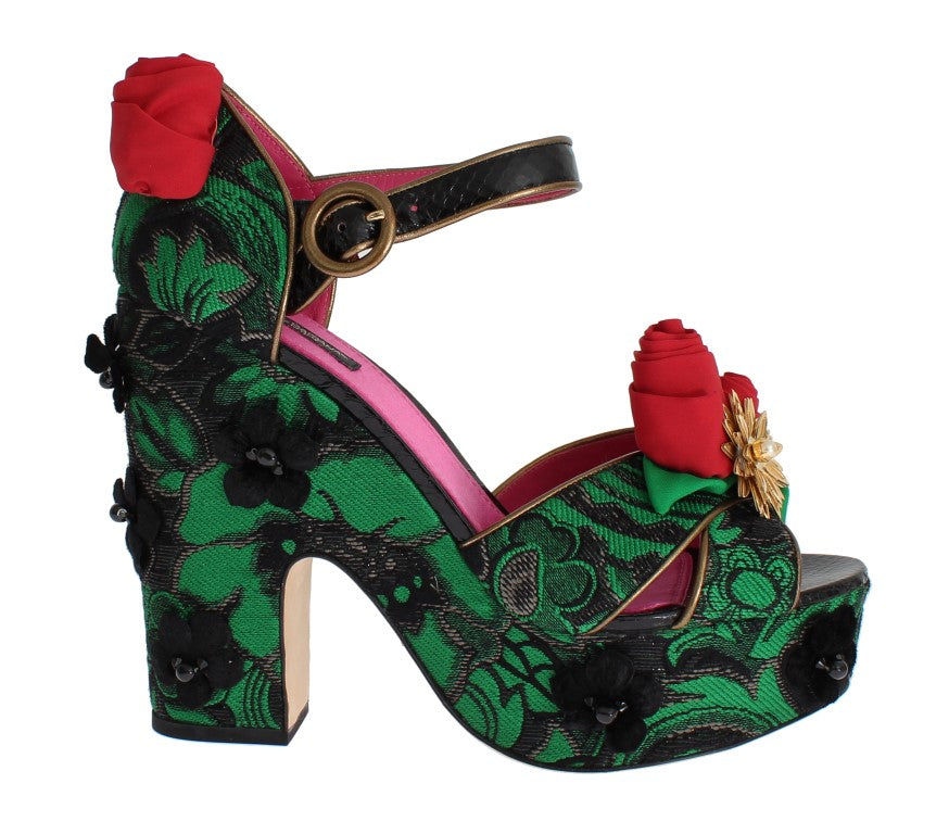 Dolce & Gabbana Green Brocade Snakeskin Roses Crystal Shoes - Whispers Of Wisdom Clothing